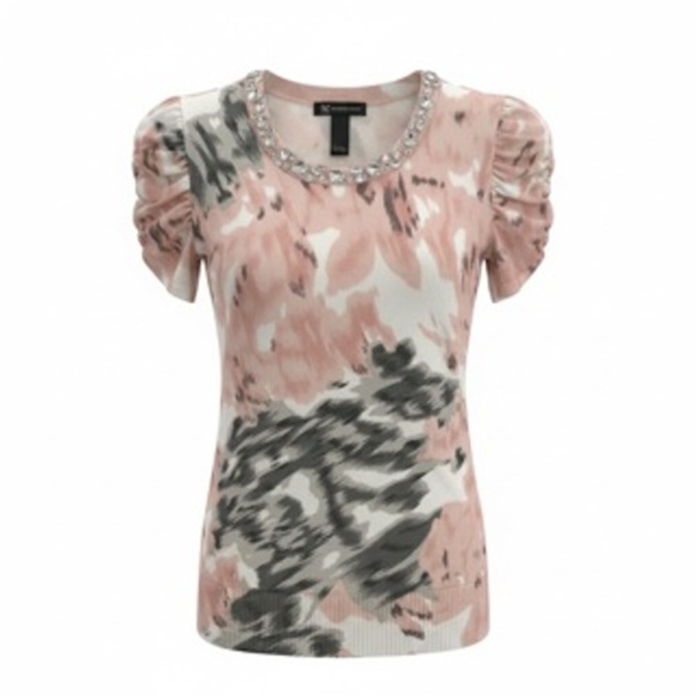 INC International Concepts Womens XS Pink Floral Rhinestone Puff Sleeve Sweater